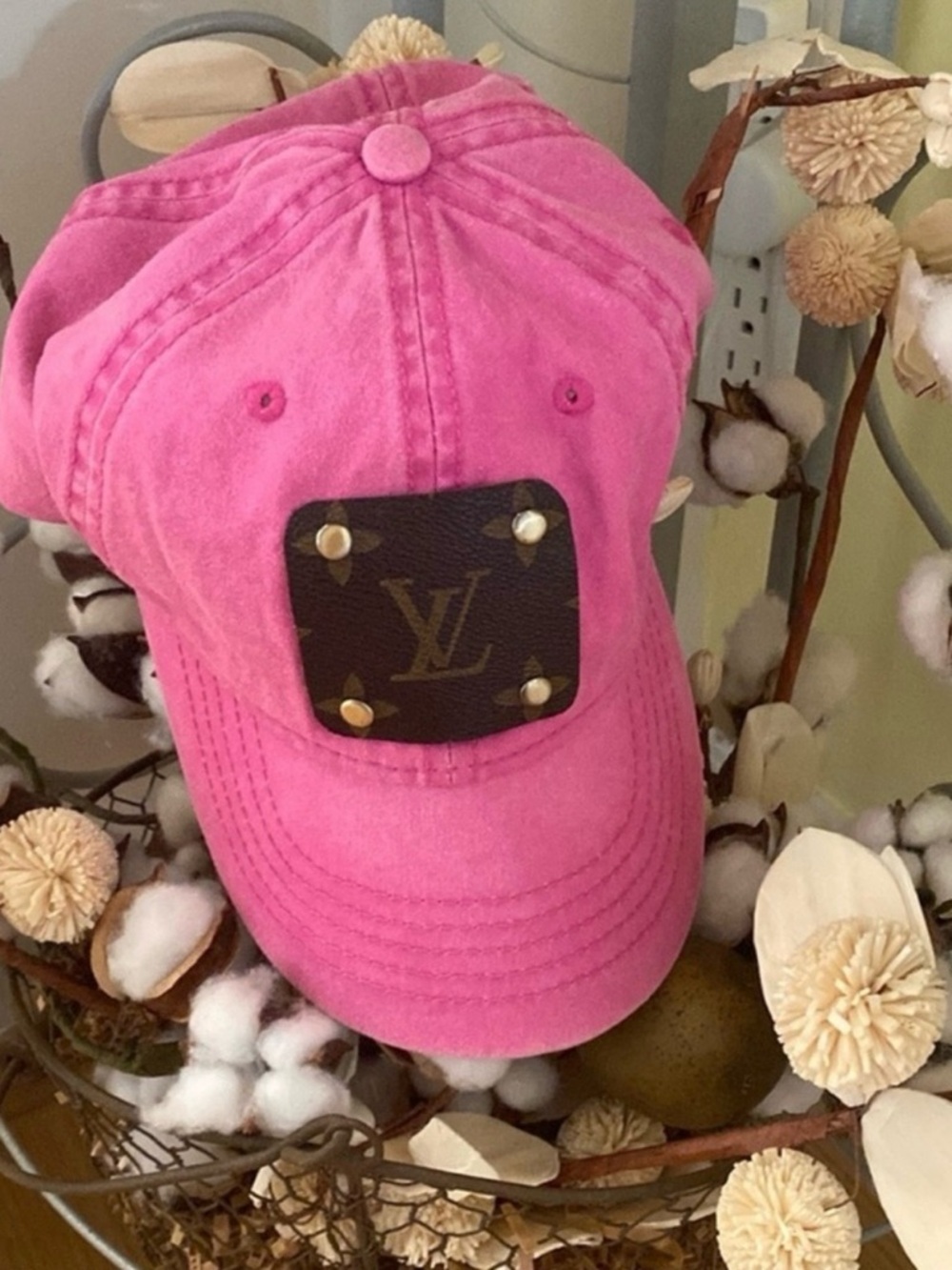 Pink “Authentic” LV Logo Patch Baseball Cap
